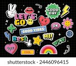 collection of doodle cartoon stickers in the form of colorful happy smiling face labels.