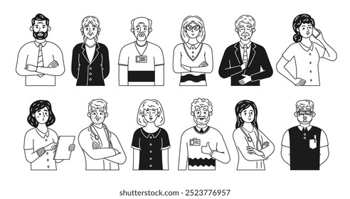 Collection Of Doodle Characters Showcasing Diverse Business And Medical Professionals In Black And White, Vector