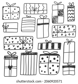 Collection of doodle christmas gift boxes. Vector illustration