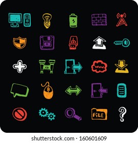 Collection of doodle colored computer icons isolated on black background