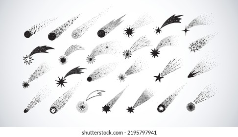 Collection of doodle comets, meteorites and shooting stars on white background. Vector sketch illustration