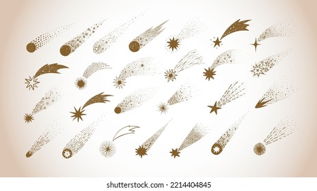 Collection of doodle comets, meteorites and shooting stars in vintage style. Vector sketch illustration