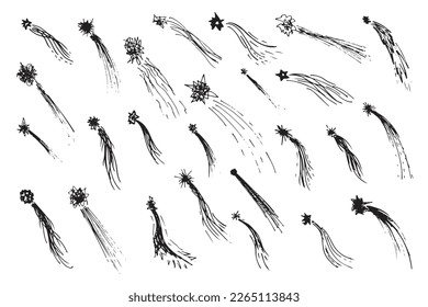 Collection of doodle comets, meteorites and shooting stars on brown parcel paper background. Vector sketch illustration