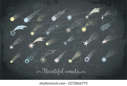 Colección de cometas de doodle, meteoritos y estrellas de tiro en la pizarra. Ilustración de esbozo de vector