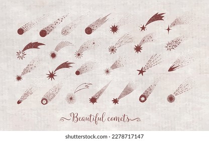 Collection of doodle comets, meteorites and shooting stars on vintage background. Vector sketch illustration 