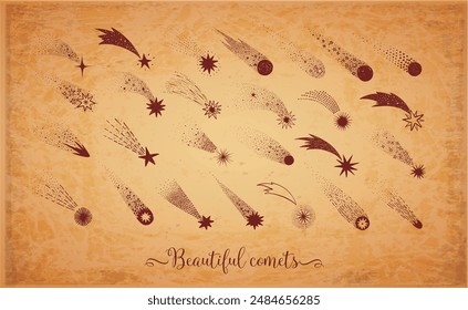 Collection of doodle comets, meteorites and shooting stars on vintage background. Vector sketch illustration 