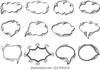 Collection of doodle comic speech bubbles with splash effect. Hand drawn speech clouds, balloons chat retro cartoon stickers. Pop art, outline Vector illustration.