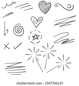 Collection Of Doodle Contain Of Curly Swishes, Swoops, Swirl, Arrow, Heart, Love, Crown, Flower, Star, Firework 