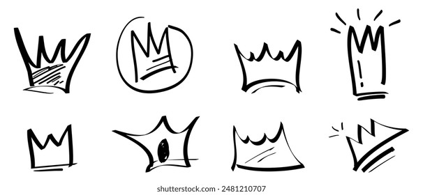 collection of Doodle crown sign in black over white. hand drawn king crown symbol. isolated on white background. vector illustration