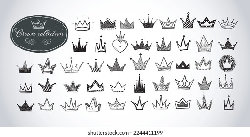 Collection of doodle crowns on white background. Vector sketch illustration