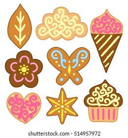 Collection of doodle cute colorful cookies with icing isolated on white background.