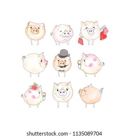 Collection of doodle cute pigs. Vector illustration with texture watercolor and decorations elements. Isolated piglets on white background, template for your design.