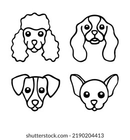 Collection of doodle dog heads. Faces of different breeds dogs set. Cavalier king charles spaniel, poodle, jack russel terrier, chihuahua. Hand drawn vector illustration isolated on white background
