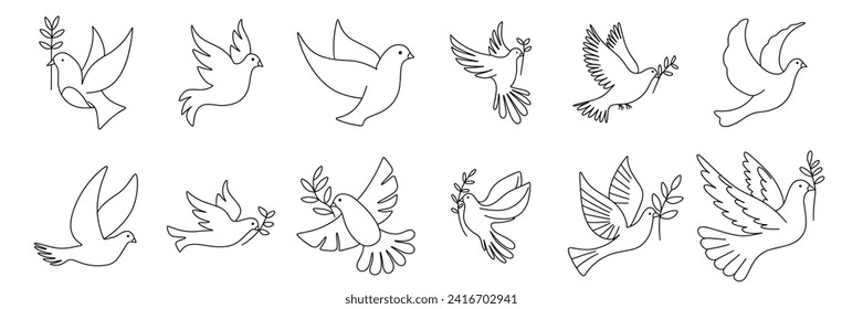 Collection doodle doves isolated on white background. Outline dove. Hand drawn vector art.