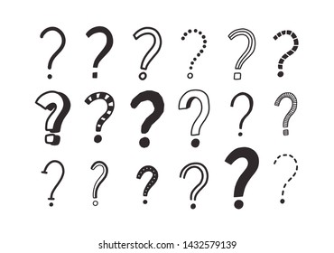 Collection of doodle drawings of question marks. Bundle of interrogation points hand drawn with black contour lines on white background. Riddle or challenge symbols. Monochrome vector illustration. svg
