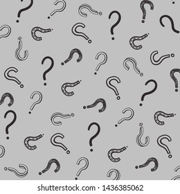 Collection of doodle drawings of question marks. Bundle of interrogation points hand drawn with black contour lines on white background. Monochrome vector illustration. Pattern with question marks. 