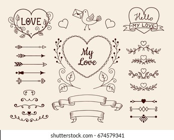 Collection of doodle elements for valentine or wedding design. Hand drawn arrows, hearts, dividers, ribbon banners for design of cards, invitations, etc. Vector illustration.