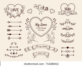 Collection of doodle elements for valentine or wedding design. Hand drawn arrows, hearts, dividers, ribbon banners for design of cards, invitations, etc. Vector illustration.