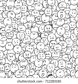 A collection of doodle faces with negative emotions, seamless pattern, black outlines, white background. Emoticons. Emotional icons. Vector illustration