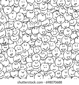 A collection of doodle faces with positive emotions, seamless pattern, black outlines, white background. Emoticons. Emotional icons. Vector illustration.