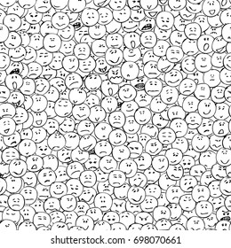 A collection of doodle faces with positive and negative emotions, seamless pattern, black outlines, white background. Emoticons. Emotional icons. Vector illustration.