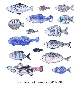 Collection of doodle fishes with watercolor texture blue and indigo colors, vector illustration.