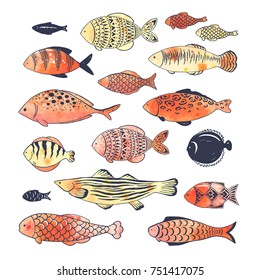 Collection of doodle fishes with watercolor texture red and yellow colors, vector illustration.