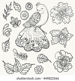 Collection of doodle floral elements and bird for beautiful design, Vector