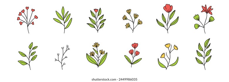 Collection of Doodle flowers colored outline. Hand drawn vector art.