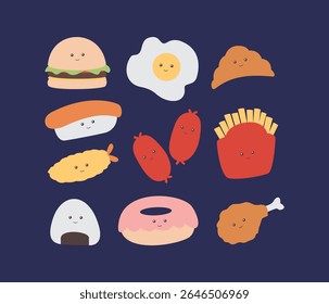 Collection of doodle food character illustrations with cute faces