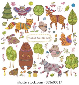 Collection of doodle forest animals and trees for design