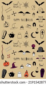 Collection of doodle halloween stickers isolated. Set of hand drawn magical items, bats, pumpkins. Happy halloween, trick or treat elements