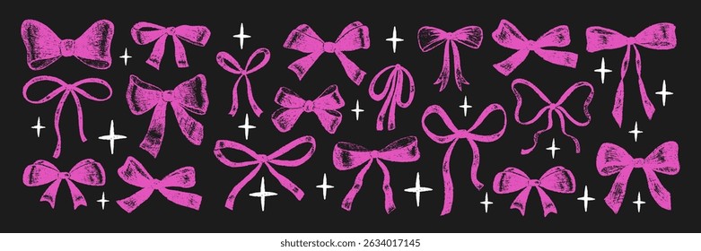 Collection of doodle hand drawn bows with ribbons with crayon, pastel, chalk or pencil texture. Pink vector illustration on a blackboard.