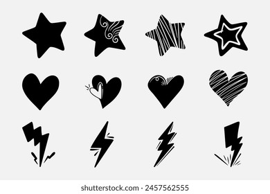 Collection of doodle hand drawn elements. Love, lightning and stars.