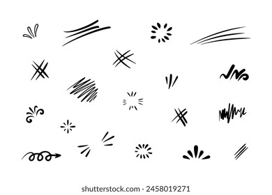 Collection of doodle hand drawn elements. Love, lightning and stars.