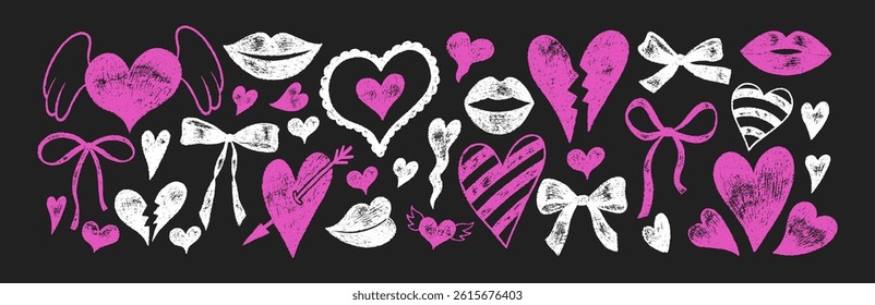 Collection of doodle hand drawn hearts, bows and lips with crayon, pastel, chalk or pencil texture. Grunge elements in sketch style. Pink and white vector illustration on a blackboard.