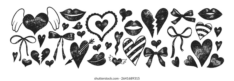 Collection of doodle hand drawn hearts, bows and lips with crayon, pastel, chalk or pencil texture. Grunge elements in sketch style. Black vector illustration isolated on a white background.