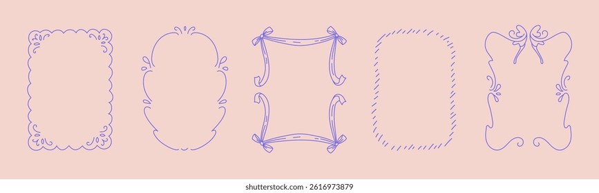 Collection of doodle hand drawn trendy frames with wavy lines, bows and ribbons. Minimalist line art for birthday, christmas, wedding Invitations.