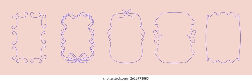 Collection of doodle hand drawn trendy frames with wavy lines, bows and ribbons. Minimalist line art for birthday, christmas, wedding Invitations.