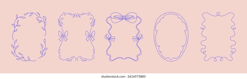 Collection of doodle hand drawn trendy frames with wavy lines, bows and ribbons. Minimalist line art for birthday, christmas, wedding Invitations.