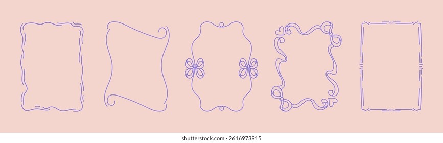 Collection of doodle hand drawn trendy frames with wavy lines, bows and ribbons. Minimalist line art for birthday, christmas, wedding Invitations.