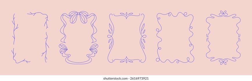 Collection of doodle hand drawn trendy frames with wavy lines, bows and ribbons. Minimalist line art for birthday, christmas, wedding Invitations.