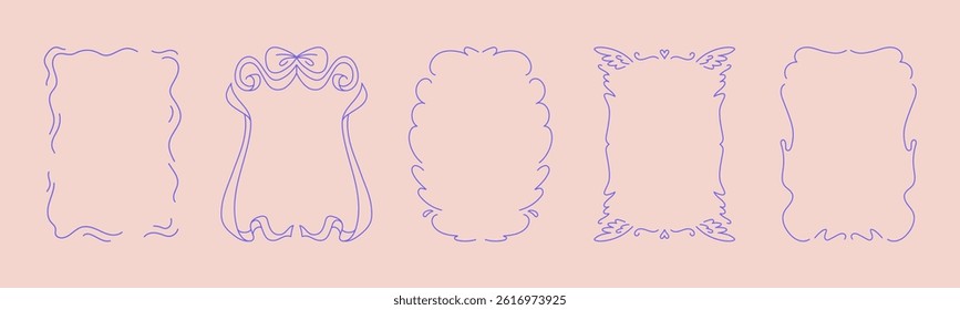 Collection of doodle hand drawn trendy frames with wavy lines, bows and ribbons. Minimalist line art for birthday, christmas, wedding Invitations.