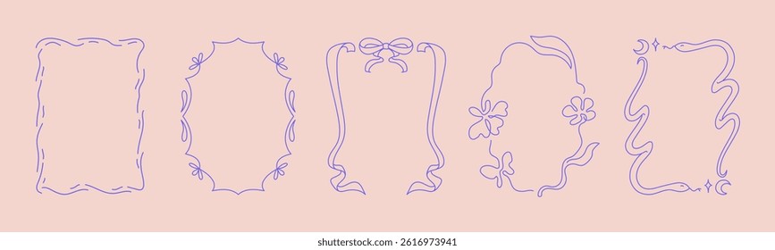 Collection of doodle hand drawn trendy frames with wavy lines, bows and ribbons. Minimalist line art for birthday, christmas, wedding Invitations.