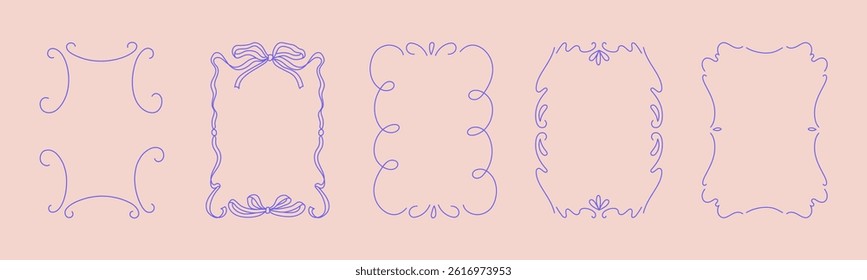 Collection of doodle hand drawn trendy frames with wavy lines, bows and ribbons. Minimalist line art for birthday, christmas, wedding Invitations.