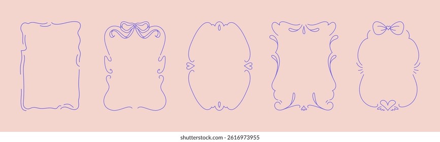 Collection of doodle hand drawn trendy frames with wavy lines, bows and ribbons. Minimalist line art for birthday, christmas, wedding Invitations.