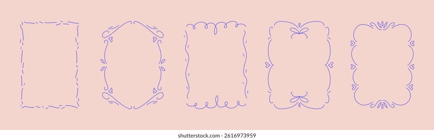 Collection of doodle hand drawn trendy frames with wavy lines, bows and ribbons. Minimalist line art for birthday, christmas, wedding Invitations.