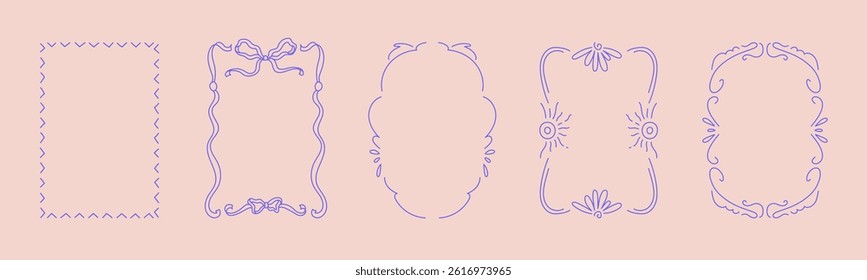 Collection of doodle hand drawn trendy frames with wavy lines, bows and ribbons. Minimalist line art for birthday, christmas, wedding Invitations.