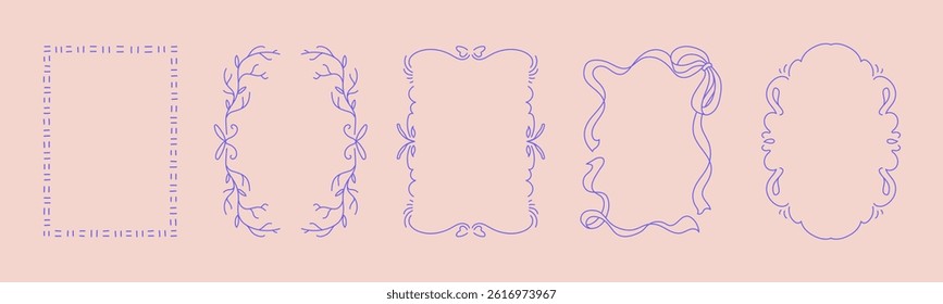 Collection of doodle hand drawn trendy frames with wavy lines, bows and ribbons. Minimalist line art for birthday, christmas, wedding Invitations.
