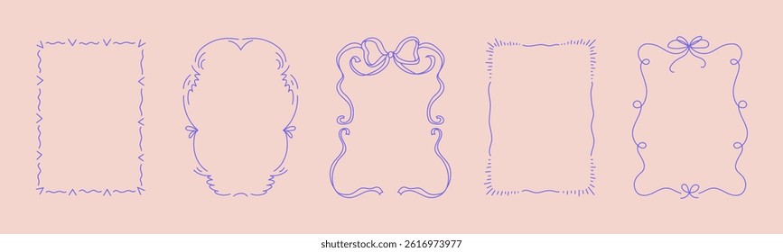 Collection of doodle hand drawn trendy frames with wavy lines, bows and ribbons. Minimalist line art for birthday, christmas, wedding Invitations.